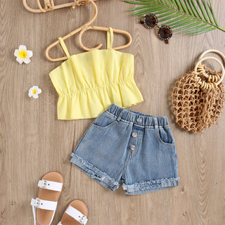 Cold shoulder yellow crop top with denim shorts set for girls-mybabyqlo.com