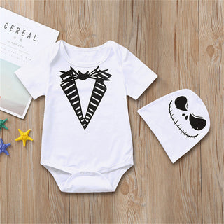 Ghost face and bat printed white romper with cap set for infant babies