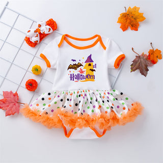 My first Halloween quoted white polka doted tutu dress with headband set for baby girls-shopfils.com