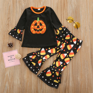 Pumpkin top with printed baggy pant set for girls-shopfils.com