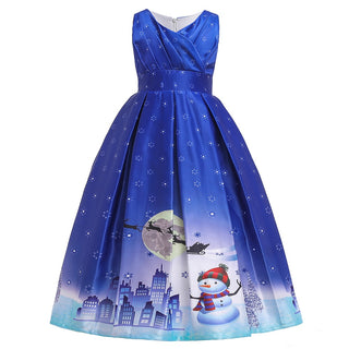 Christmas snowman printed long dress for girls