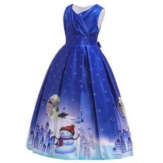 Christmas snowman printed long dress for girls