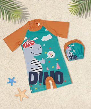 Dino on the beach  printed bodysuit swimwear with cap for boys-mybabyqlo.com