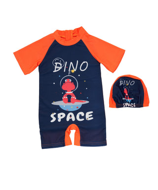 Dino in space printed bodysuit swimwear with cap for boys-mybabyqlo.com
