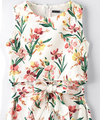 Sleeveless Multicolor Flower Printed Full Length Jumpsuits for Girls