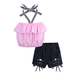 Off Shoulder Pink T-shirt with ripped cotton shorts for girls
