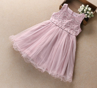 Pearl and Lace Work Sleeveless Dress for Little Girls