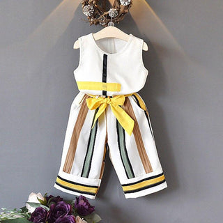 Fashionable White Sleeveless Girl Tops and Yellow Stripe Pant Set - shopfils.com