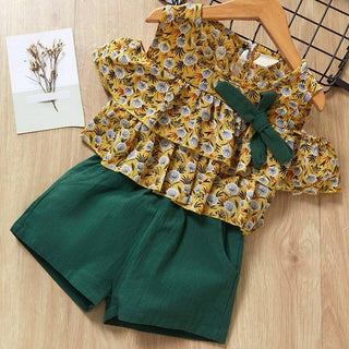 Floral Printed Cut Sleeve Top and solid Green Short for Girls - shopfils.com