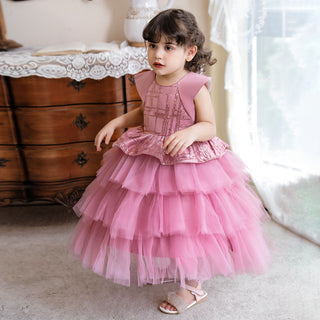 Seqins pattern layered pink party dress for girls