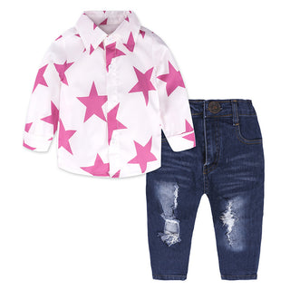 Star printed pink shirt with ripped denim pant for girls
