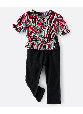 Printed red top with elastic waist and plain black pant set for girls