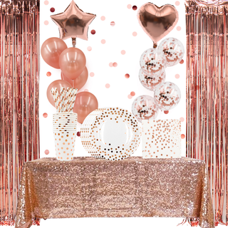 Cookieducks Rose Gold Party Decoration  Birthday Party Supplies set of 80 pcs | Birthday Party Tableware Paper Plates Napkins Cups Serves 10 with Balloons and Birthday Banner