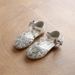 Sequins Bow Pearl slip on hook and loop silver sandals for girls
