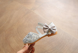 Sequins Bow Pearl slip on hook and loop silver sandals for girls