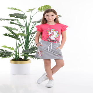 Unicorn printed cotton tee with knee length skirt set for girls- red