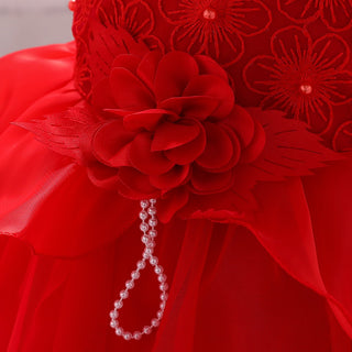 Elegant Red Applique Knee Length Party Dress For Girls - shopfils.com