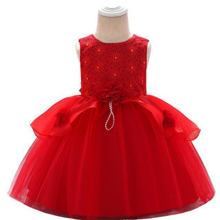 Elegant Red Applique Knee Length Party Dress For Girls - shopfils.com