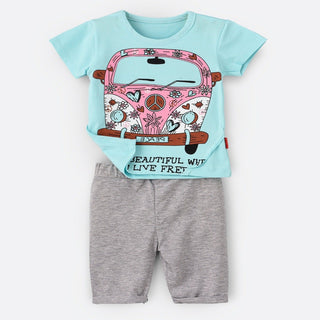 Babyqlo Beautiful Bus Printed T-Shirt & Shorts Set - Sky Blue